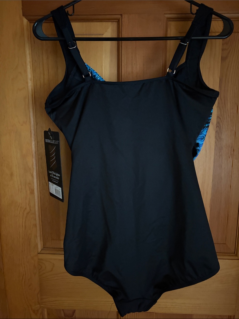 New Miraclesuit Cabana Chic It’s a Wrap Black and Blue One-Piece Swimsuit 16W - Picture 2 of 4